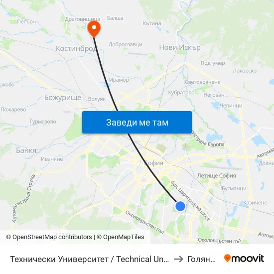 Технически Университет / Technical University (1743) to Голяновци map