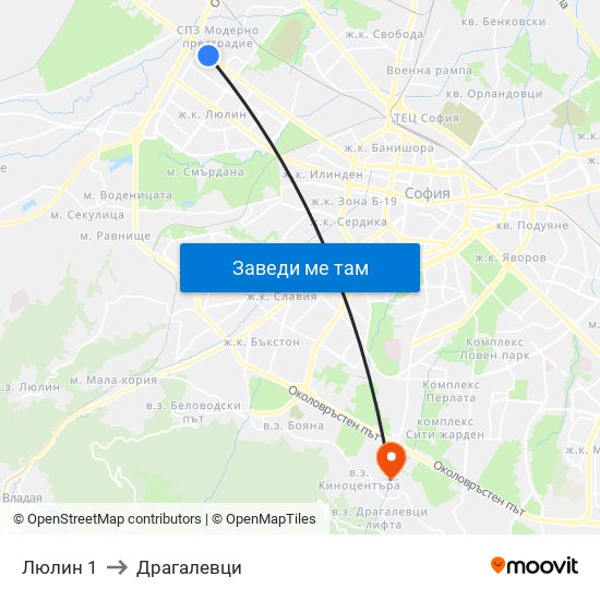 Люлин 1 to Драгалевци map