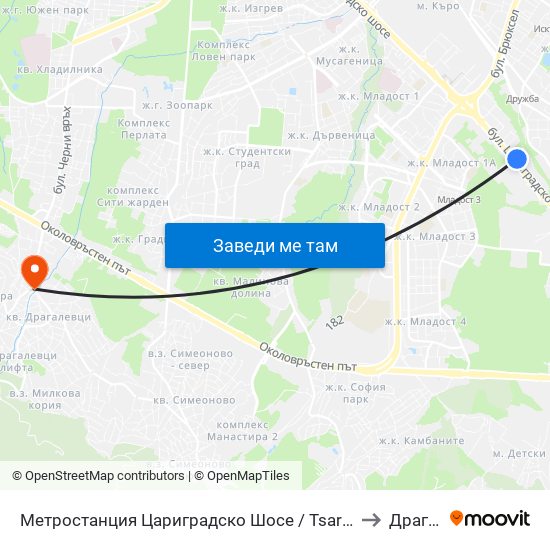 Метростанция Цариградско Шосе / Tsarigradsko Shosse Metro Station (1016) to Драгалевци map