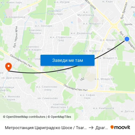 Ⓜ️ Метростанция Цариградско Шосе / Tsarigradsko Shosse Metro Station (1016) to Драгалевци map