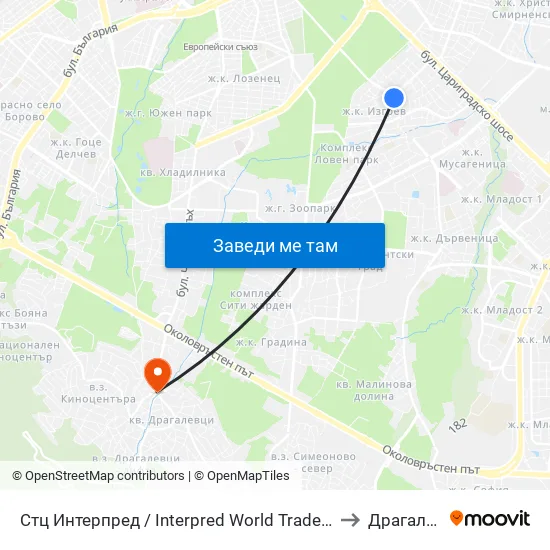 Ⓜ️ Стц Интерпред / Interpred World Trade Centre (1109) to Драгалевци map