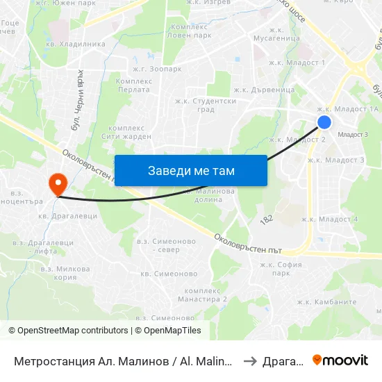 Ⓜ️ Метростанция Ал. Малинов / Al. Malinov Metro Station (0170) to Драгалевци map