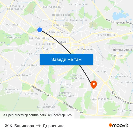 Ж.К. Банишора to Дървеница map