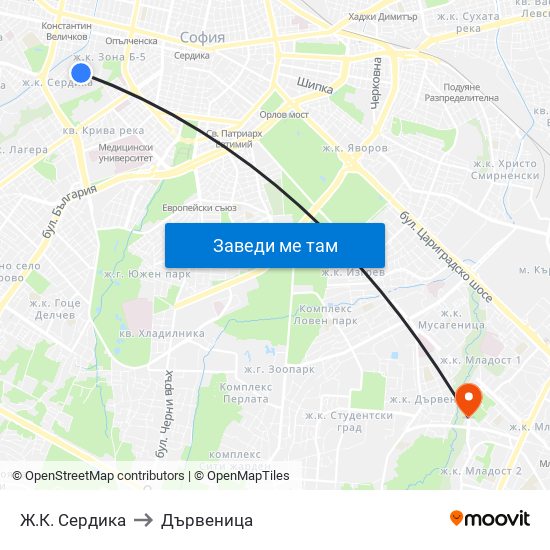 Ж.К. Сердика to Дървеница map