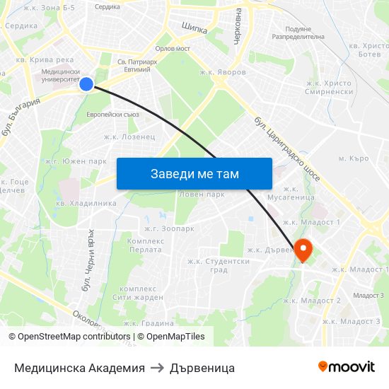 Медицинска Академия to Дървеница map