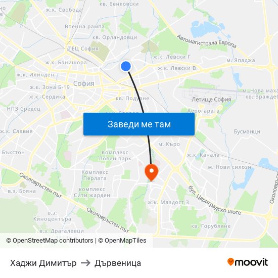 Хаджи Димитър to Дървеница map