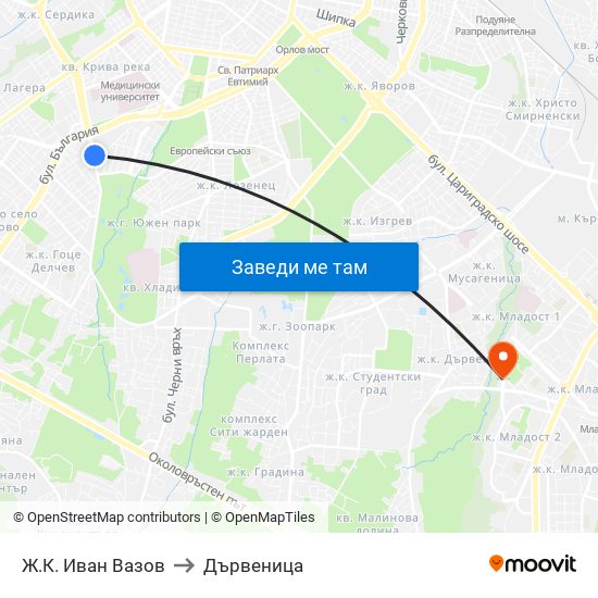 Ж.К. Иван Вазов to Дървеница map