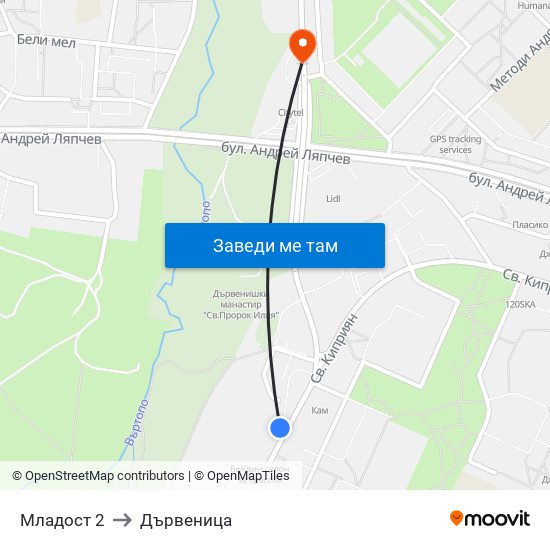 Младост 2 to Дървеница map