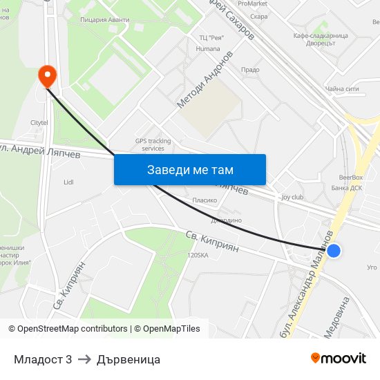 Младост 3 to Дървеница map