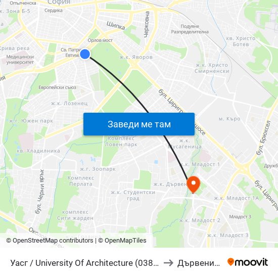 Уасг / University Of Architecture (0387) to Дървеница map