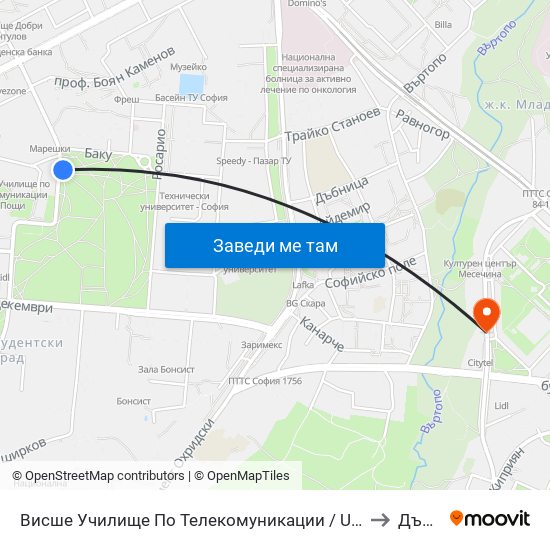 Висше Училище По Телекомуникации / University Of Telecommunications And Post (1397) to Дървеница map