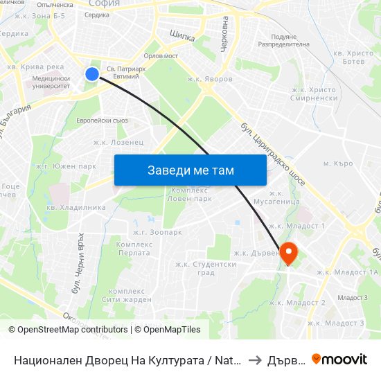 Национален Дворец На Културата / National Palace Of Culture (1139) to Дървеница map