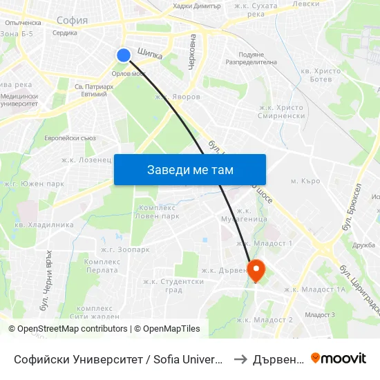 Ⓜ️🎓 Софийски Университет / Sofia University (1700) to Дървеница map