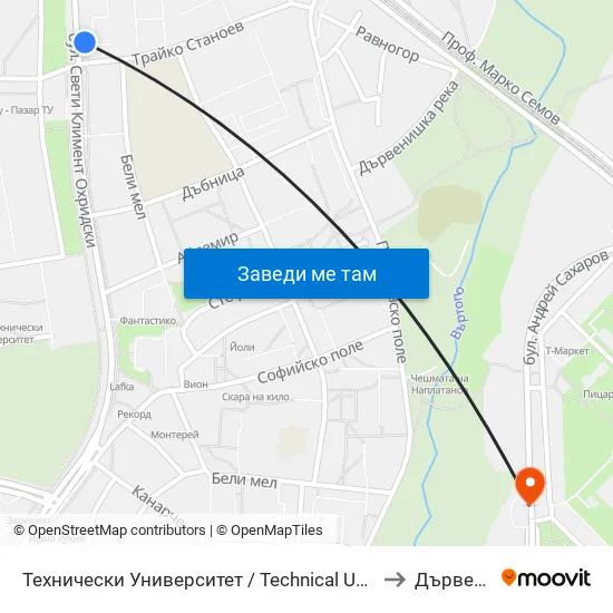 Технически Университет / Technical University (1743) to Дървеница map