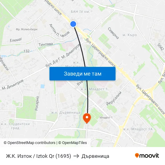 🎓 Ж.К. Изток / Iztok Qr (1695) to Дървеница map