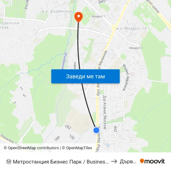 Ⓜ️ Метростанция Бизнес Парк / Business Park Metro Station (2490) to Дървеница map