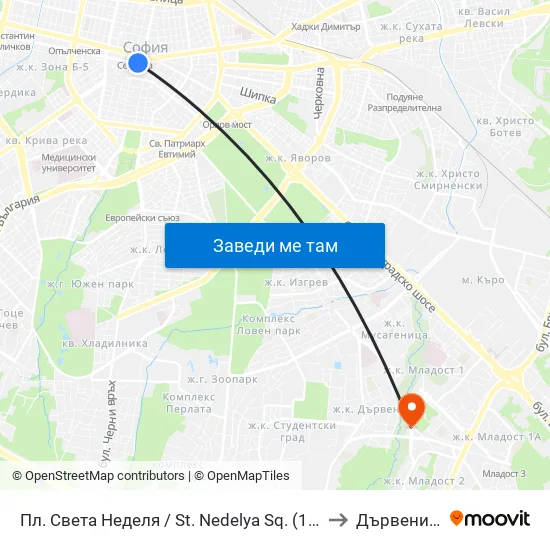 Пл. Света Неделя / St. Nedelya Sq. (1308) to Дървеница map