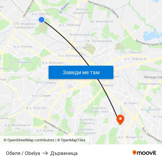 Обеля / Obelya to Дървеница map