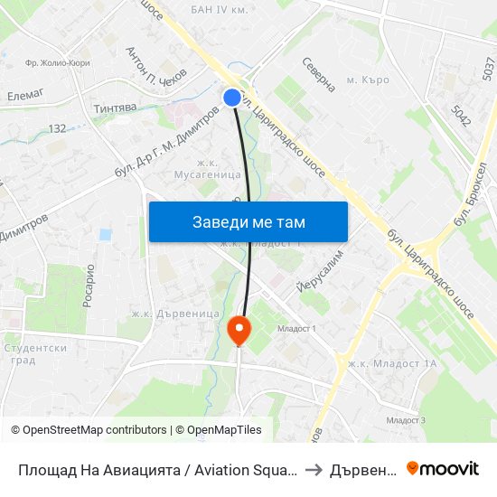 Площад На Авиацията / Aviation Square (1257) to Дървеница map