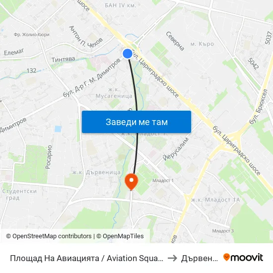Площад На Авиацията / Aviation Square (1257) to Дървеница map