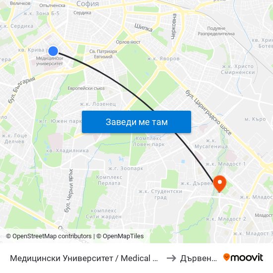 Медицински Университет / Medical University to Дървеница map