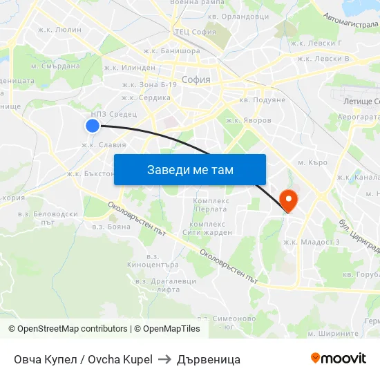 Овча Купел / Ovcha Kupel to Дървеница map
