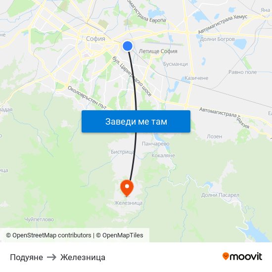 Подуяне to Железница map