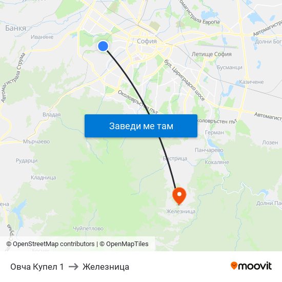 Овча Купел 1 to Железница map