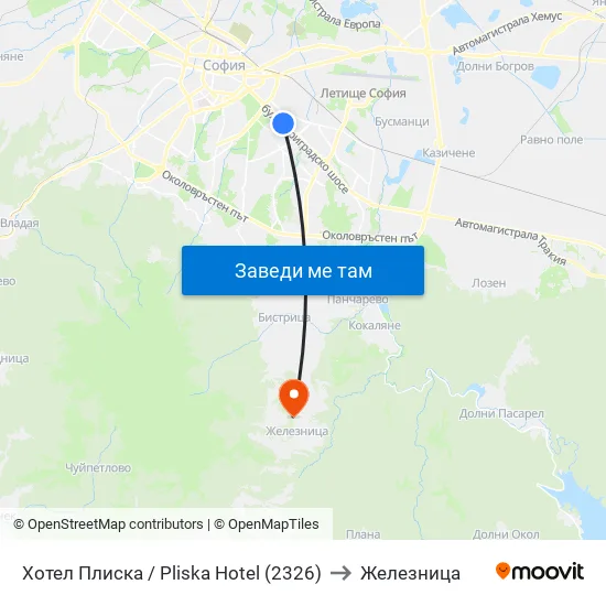 Хотел Плиска / Pliska Hotel (2326) to Железница map