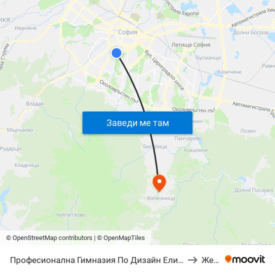 Професионална Гимназия По Дизайн Елисавета Вазова / Elisaveta Vazova High School Of Design (1736) to Железница map