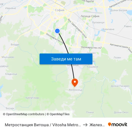 Ⓜ️ Метростанция Витоша / Vitosha Metro Station (2756) to Железница map