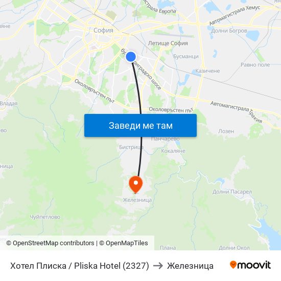 Хотел Плиска / Pliska Hotel (2327) to Железница map