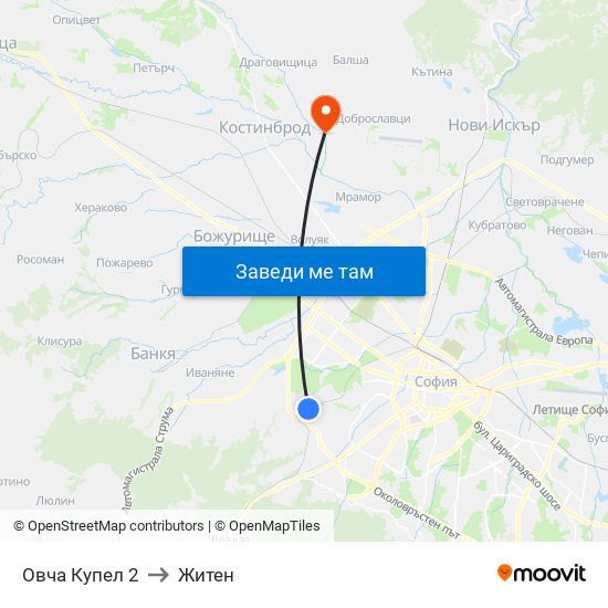 Овча Купел 2 to Житен map