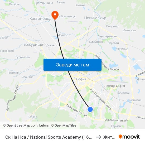 Ск На Нса / National Sports Academy (1609) to Житен map