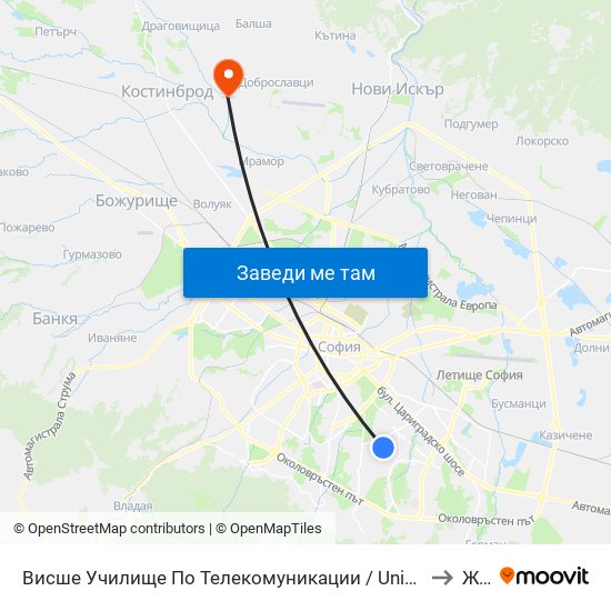 Висше Училище По Телекомуникации / University Of Telecommunications And Post (1396) to Житен map