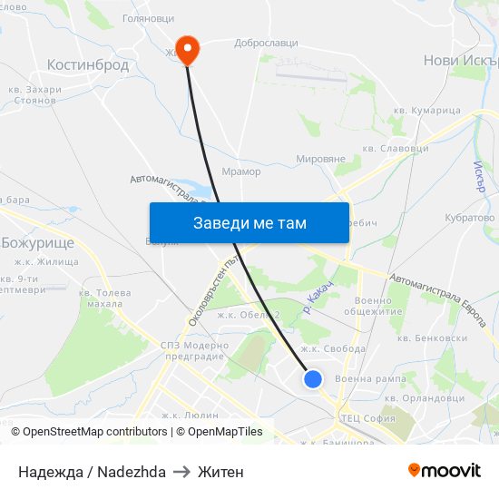 Надежда / Nadezhda to Житен map