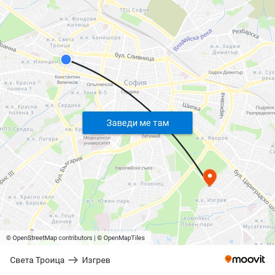 Света Троица to Изгрев map