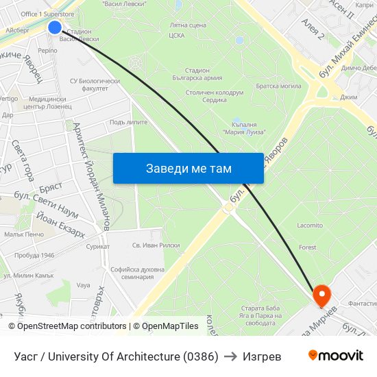 Уасг / University Of Architecture (0386) to Изгрев map