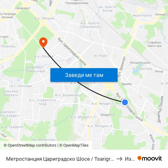 Метростанция Цариградско Шосе / Tsarigradsko Shosse Metro Station (1016) to Изгрев map