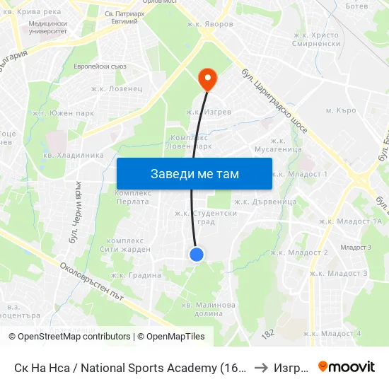 Ск На Нса / National Sports Academy (1609) to Изгрев map