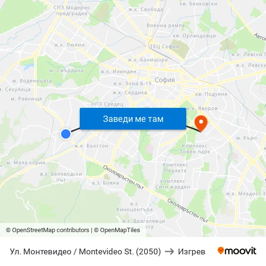 Ул. Монтевидео / Montevideo St. (2050) to Изгрев map