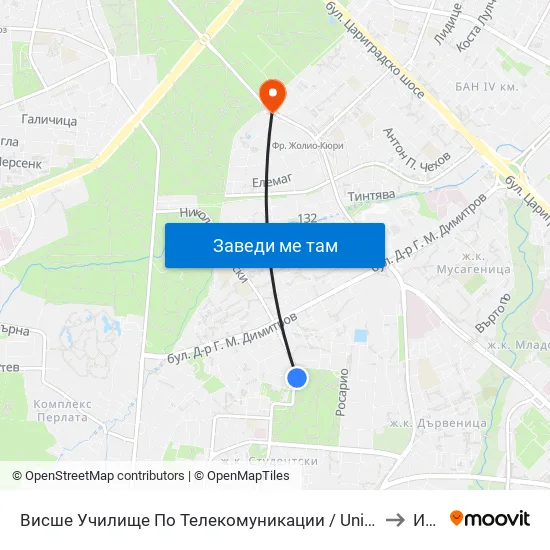 Висше Училище По Телекомуникации / University Of Telecommunications And Post (1397) to Изгрев map