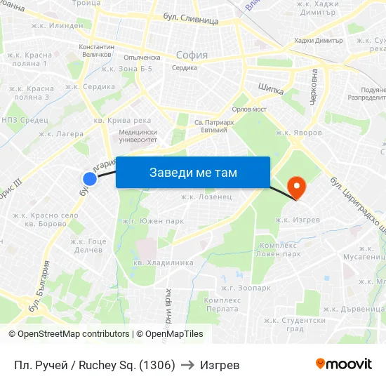 Пл. Ручей / Ruchey Sq. (1306) to Изгрев map