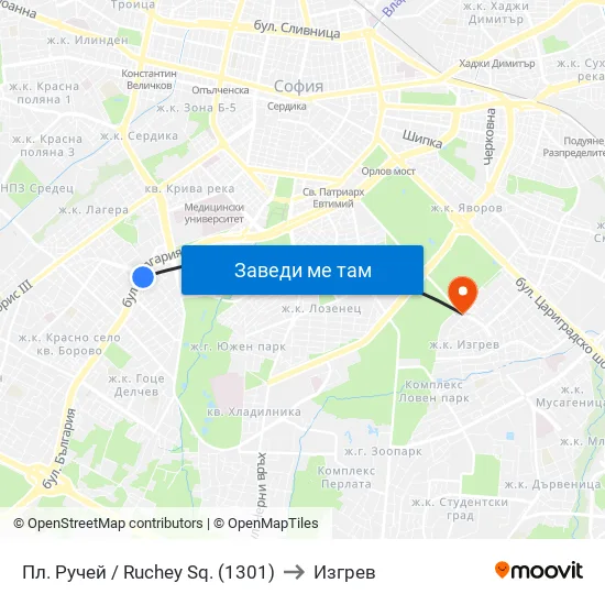 Пл. Ручей / Ruchey Sq. (1301) to Изгрев map
