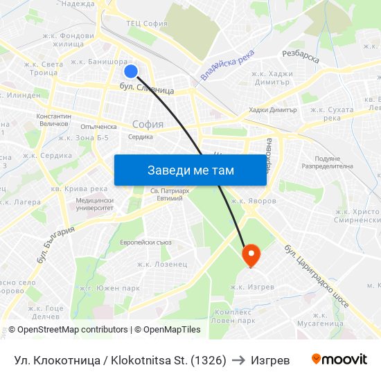 Ул. Клокотница / Klokotnitsa St. (1326) to Изгрев map