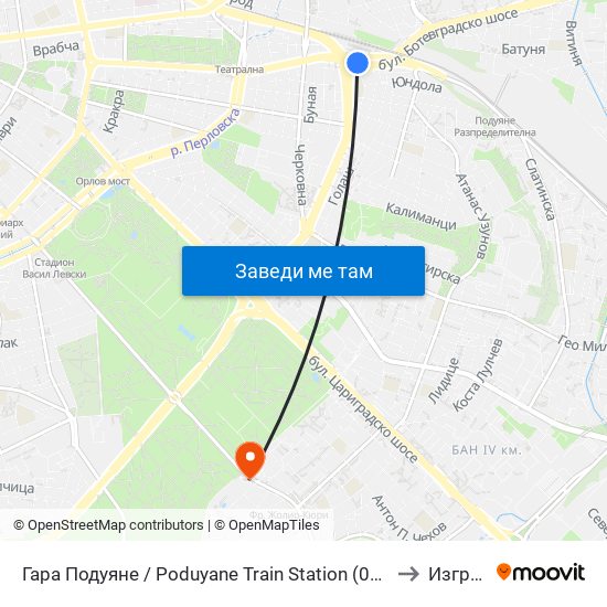 Гара Подуяне / Poduyane Train Station (0466) to Изгрев map
