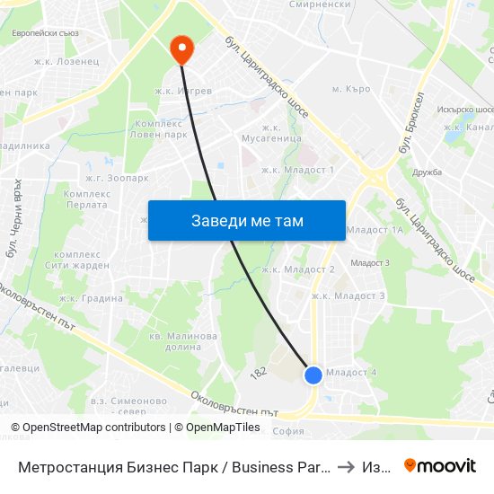 Метростанция Бизнес Парк / Business Park Metro Station (2490) to Изгрев map