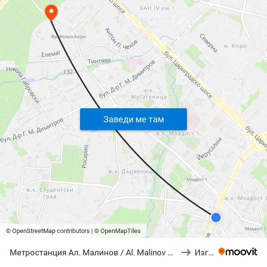 Метростанция Ал. Малинов / Al. Malinov Metro Station (0170) to Изгрев map