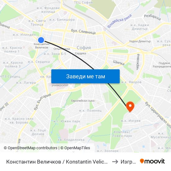 Константин Величков / Konstantin Velichkov to Изгрев map