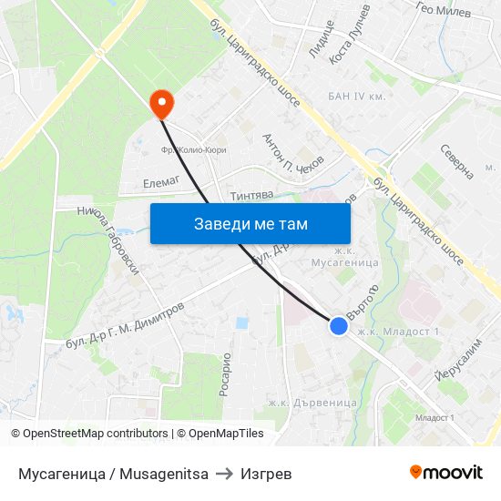 Мусагеница /  Musagenitsa to Изгрев map